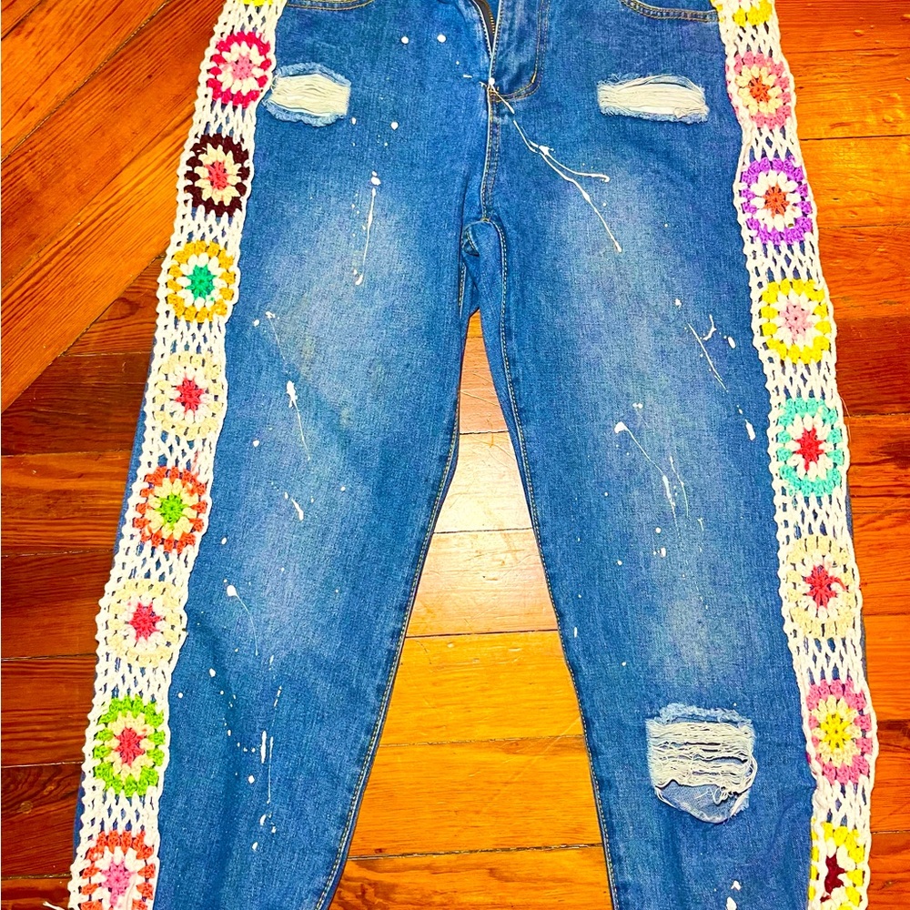 SHEIN Blue Jeans with Colorful Crochet Accents